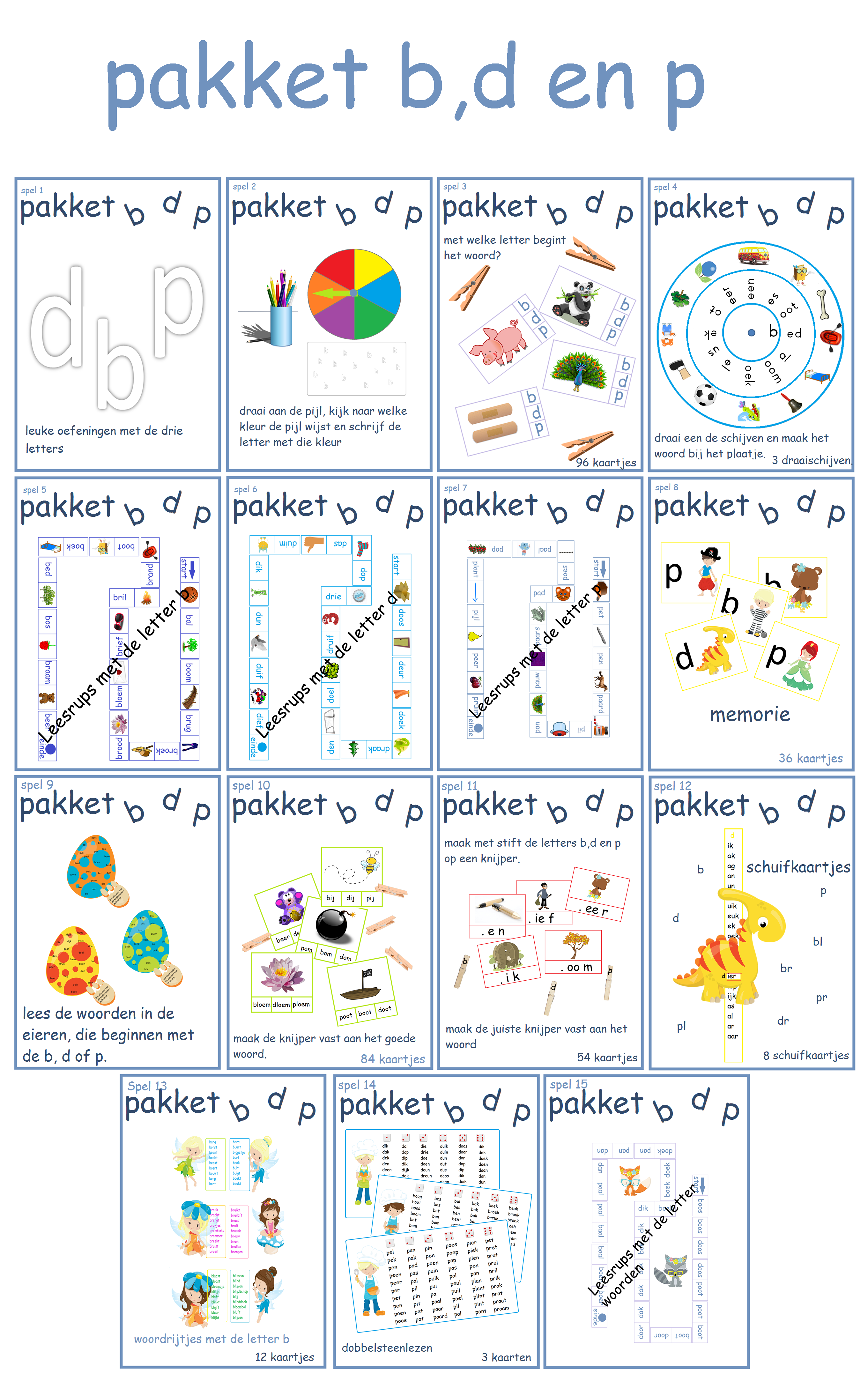 Spelletjespakket om de letters b, d en p te oefenen.